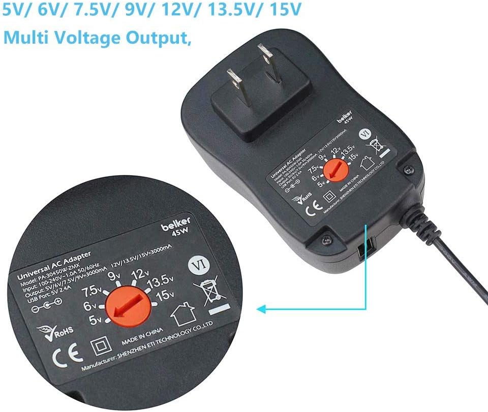 Belker 45W 5V 6V 7.5V 9V 12V 13.5V 15V Universal AC DC Power Supply Adapter for Household Electronics LED Light Strip - 1A 2A 3A 3000mA Amp - Fast USB Charging Port 5V 2A 2.4A: Electronics