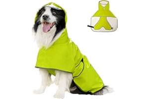 ExploreU Dog Raincoat, Waterproof Windproof Dog Rain Jacket with Hood, Rain Coat with Leash Hole, Adjustable Raincoat Poncho for Small Medium Large Dogs Outdoor (Neon Yellow, X-Large)