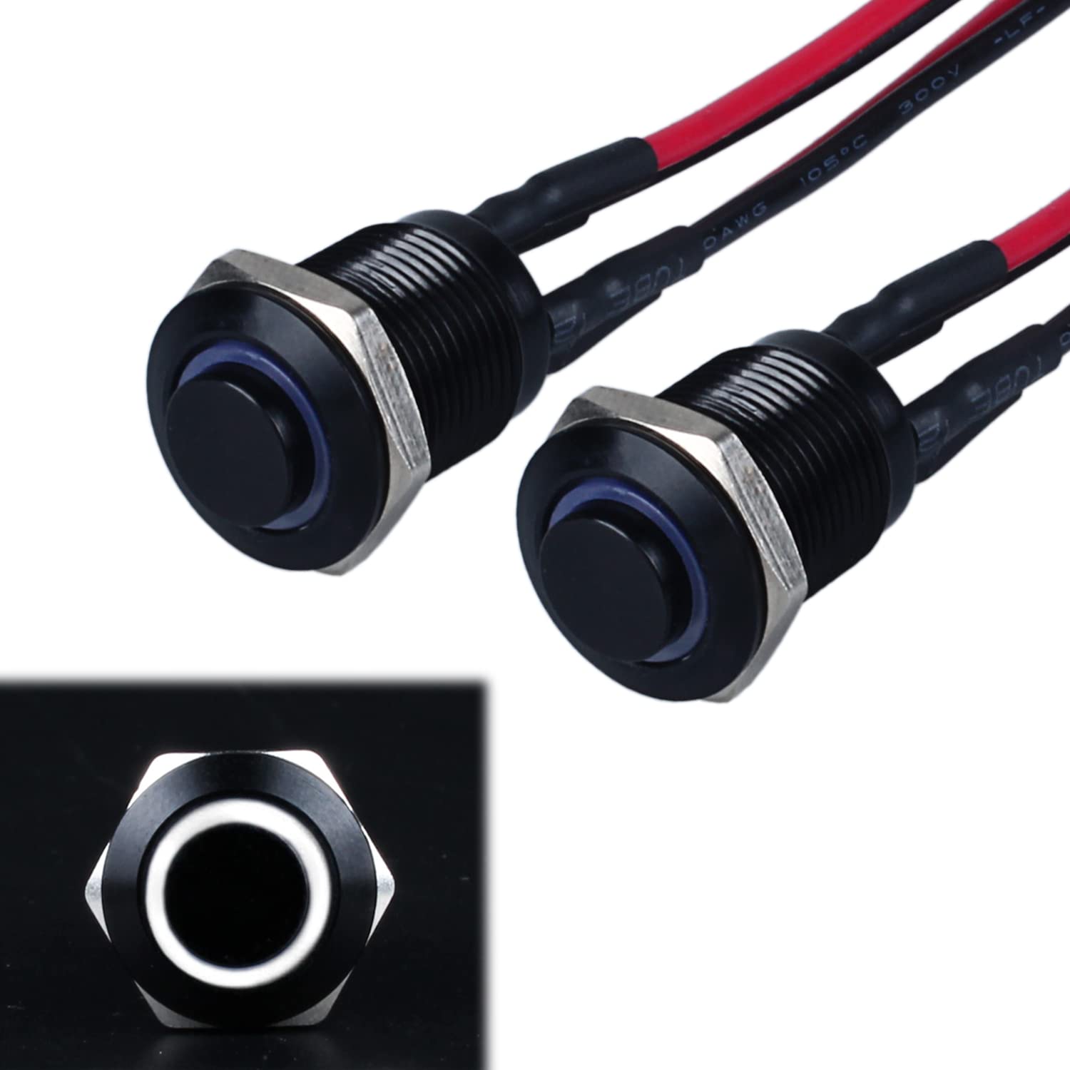 JIQI 2 x 12 mm Momentary Pressure Switch 12 V to 24 V 2 A Waterproof Metal Button Switch IP66 1NO Current Black Push Button with LED Light Connection Wires for Motorcycle (High Head, White)