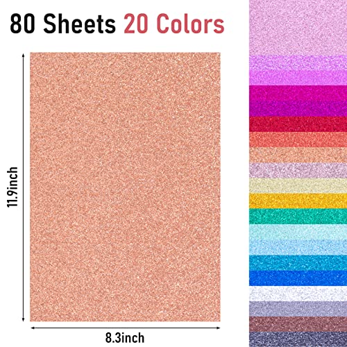 Shindel Glitter Cardstock Paper, 80 Sheets A4 Glitter Paper Bulk Premium Craft Cardstock 20 Colors for Cricut Card Making Paper Crafting