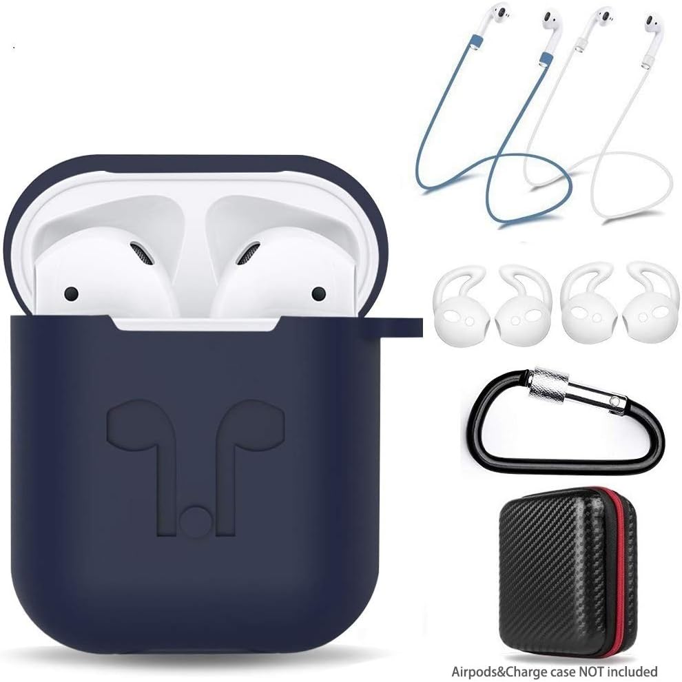 AMASING AirPods Case 7 in 1 Airpods Accessories Kits Protective Silicone Cover for Airpod(Front led Not Visible) with Ear Hook Grips/Airpods Staps/Clips/Skin/Tips/Grips (AIRPODS 1, Blue)