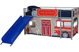 DHP Junior Silver Metal Loft Bed with Blue Slide and Fire Department Curtain Set, Kids Furniture, Twin Size