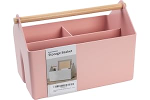 Blue Ginkgo Medium Storage Basket – Plastic Caddy with Wooden Handle for Office, Arts & Crafts, or Home Supplies (Pink)