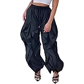 Lucuna Women's Baggy Barrel Cargo Pants Y2k High Waisted Drawstring Wide Leg Casual Ruffle Patchwork Parachute Trousers Pants
