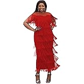 AOMEI Women's Mesh See Through Crewneck Patchwork Tassel Tiered Fringe Long Dress