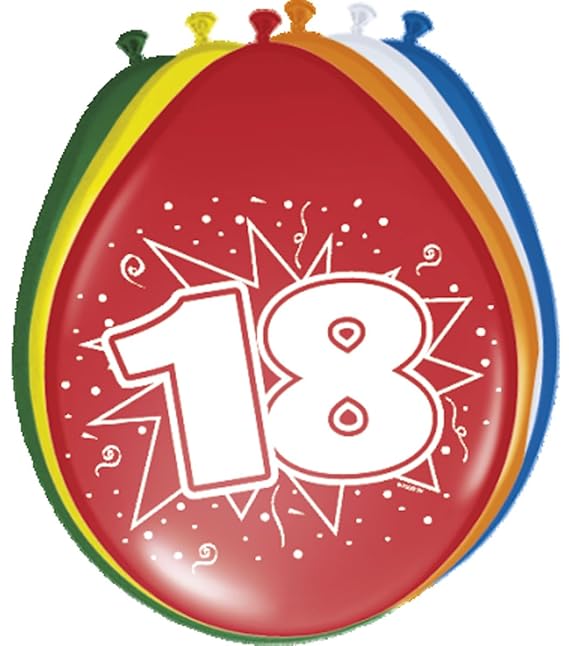 Folat 08218 18. Geburtstag Ballons 30 cm-8 Stück, Mehrfarbig