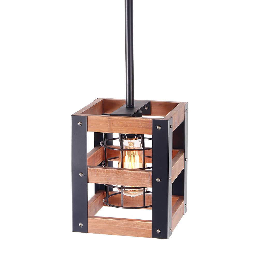 Eumyviv Adjustabe Cube Wood Metal Chandelier Iron Net Cage Pendant Lighting for Kitchen Island Rustic Industrial Edison Hanging Light Dining Room Vintage Ceiling Light Fixture 1-Light (P0015)