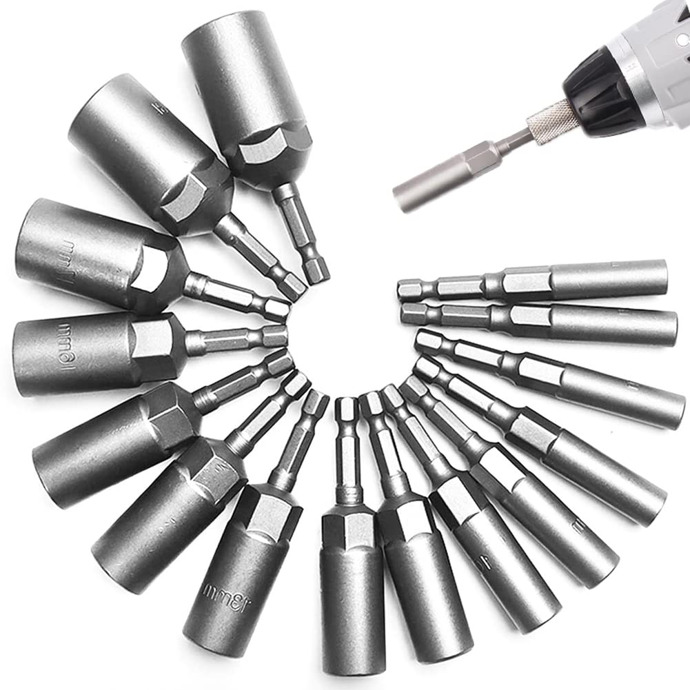 RZJZGZ Deeper Nut Sockets Set, 5.5-19mm Nut Setter Driver 1/4" Hex Shank Drill Bit Set, Quick Change Metric Nut Drivers Screwdriver Handle Bits Bolt Remover Tool, 80mm Length Nut Extractor Socket
