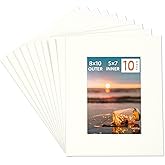 HOTUO 10 Pack Acid Free Ivory Picture Frame Mats, Pre-Cut 8x10 Picture Mats with Ivory Core Bevel Cut for 5x7 Photo, Signature Friendly 4 Ply Thickness Photo Mat for Frames/Artwork/Prints/Pictures