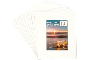 HOTUO 10 Pack Acid Free Ivory Picture Frame Mats, Pre-Cut 8x10 Picture Mats with Ivory Core Bevel Cut for 5x7 Photo, Signature Friendly 4 Ply Thickness Photo Mat for Frames/Artwork/Prints/Pictures