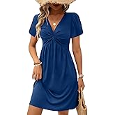 Acelitt Womens Casual Summer Twist Front V Neck Short Sleeve Mini Dress, S-XXL