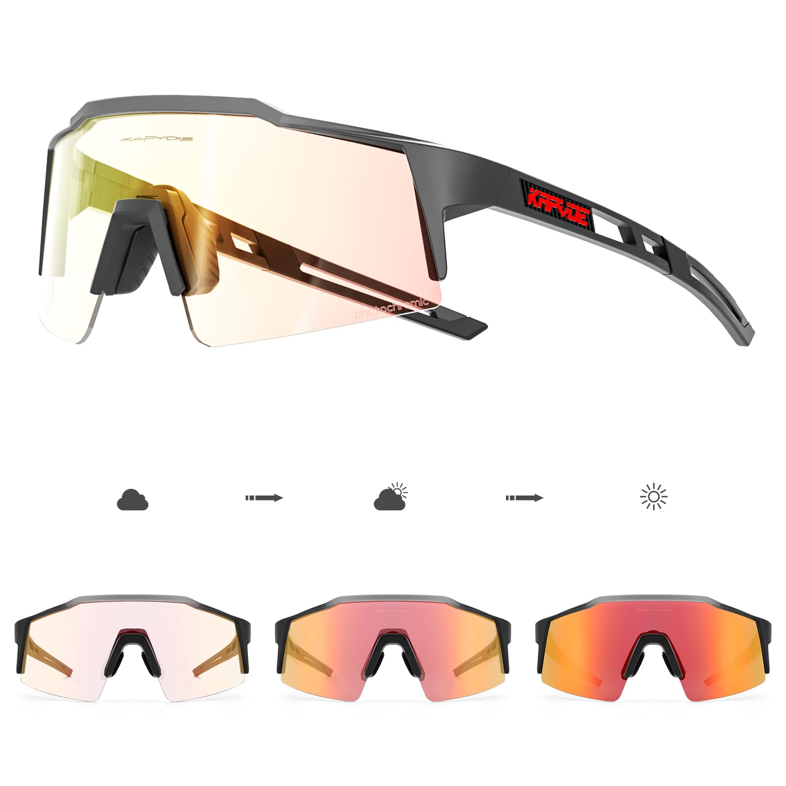 KAPVOE Photochromic Cycling Glasses Men Women Sunglasses MTB Mountain Bike Clear Youth Riding Red Black 08