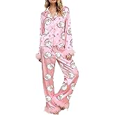 Aonoapll Women Feather Trim Pajama Set Christmas Button Down Tops Pants Lounge Sets Cute Santa 2 Piece Sleepwear Nightwear