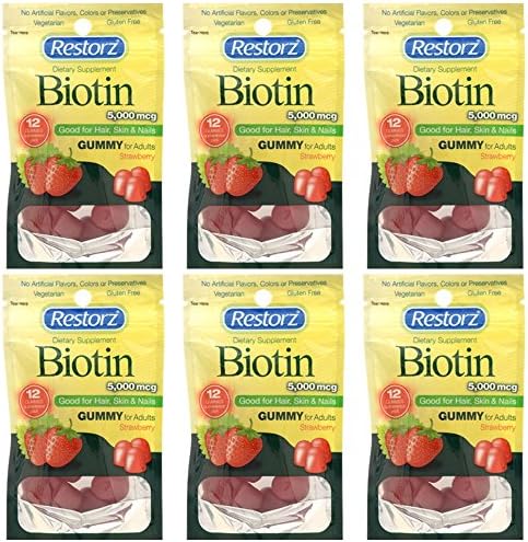 Lot of 6 packages of Restorz Biotin 5000mcg Gummy Strawberry for Adults ( Good for Hair, Nails & Skin)