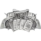 Longcreek Pistol Belt Buckle for Men, Gun Buckle, Playing Cards Double Guns Poker Flower Rose Star Western Cowboy Punk Rock Gifts