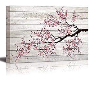 Illustration of a Cherry Blossom Branch Over Wood Panels - Canvas Art Home Art - 12x18 inches