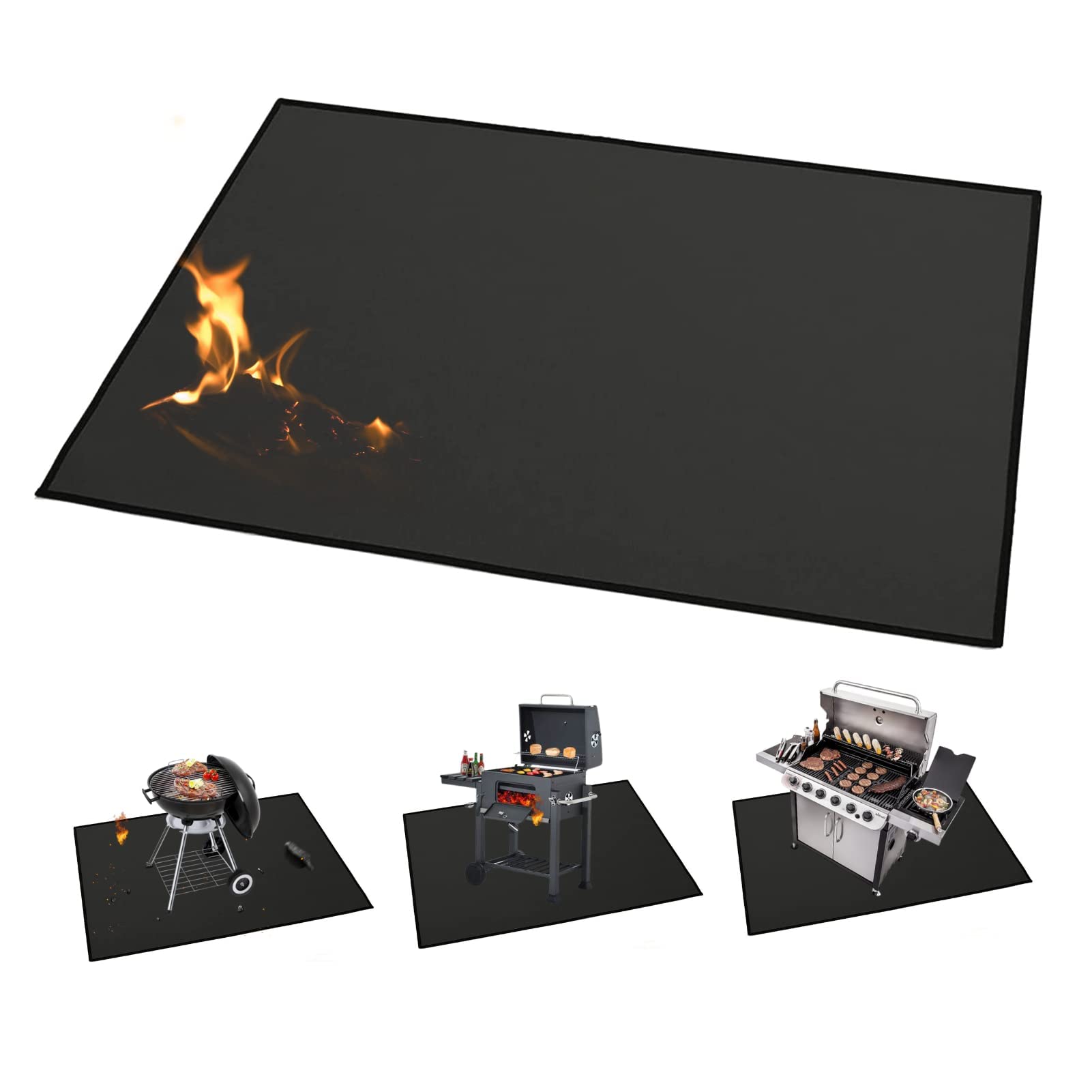 Outdoor BBQ Grill Mat 59 x 40 Inch Waterproof Oil Resistant Fireproof Pad Double Sided Reusable Square Black
