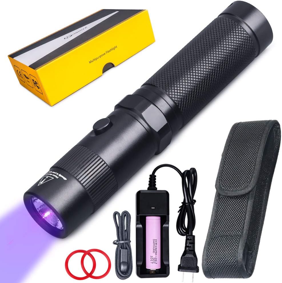 395nm UV Flashlight LED Purple Light Identification Handheld Black UV Torch 18650 Lithium Battery for Glue,Pet Urine, Counterfeit Money, Resin…(UV302-395nm)