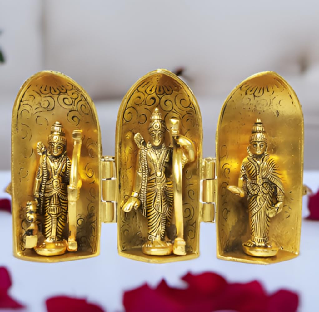 Purpledip Metal Idol Ram Darbar: Rama, Sita, Laxman, Hanuman Statues Inside a Stambha Pillar Box (12196)