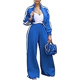 Angsuttc Sweatsuits Women 2 Piece Outfit Striped Tracksuit Long Sleeve Cropped Jacket and Wide Leg Pants Set