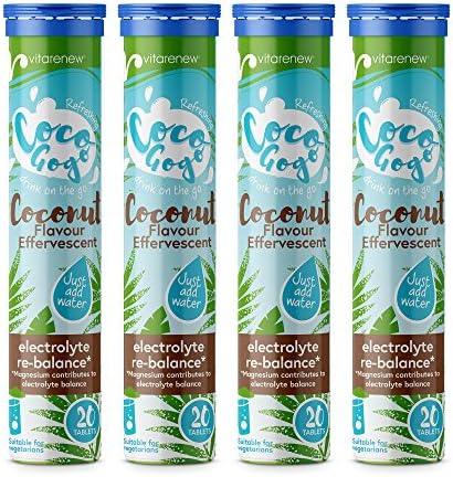 Rehydration Effervescent - Coconut Flavour for Travel and Sport, Inc. Electrolytes, B Vitamins & Magnesium (4 Tubes of 20 Tablets)