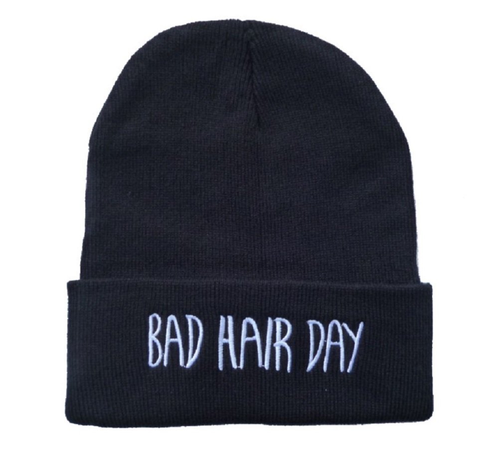 Knit Black Bad Hair Day Beanie Hat Letter Beanie Sports