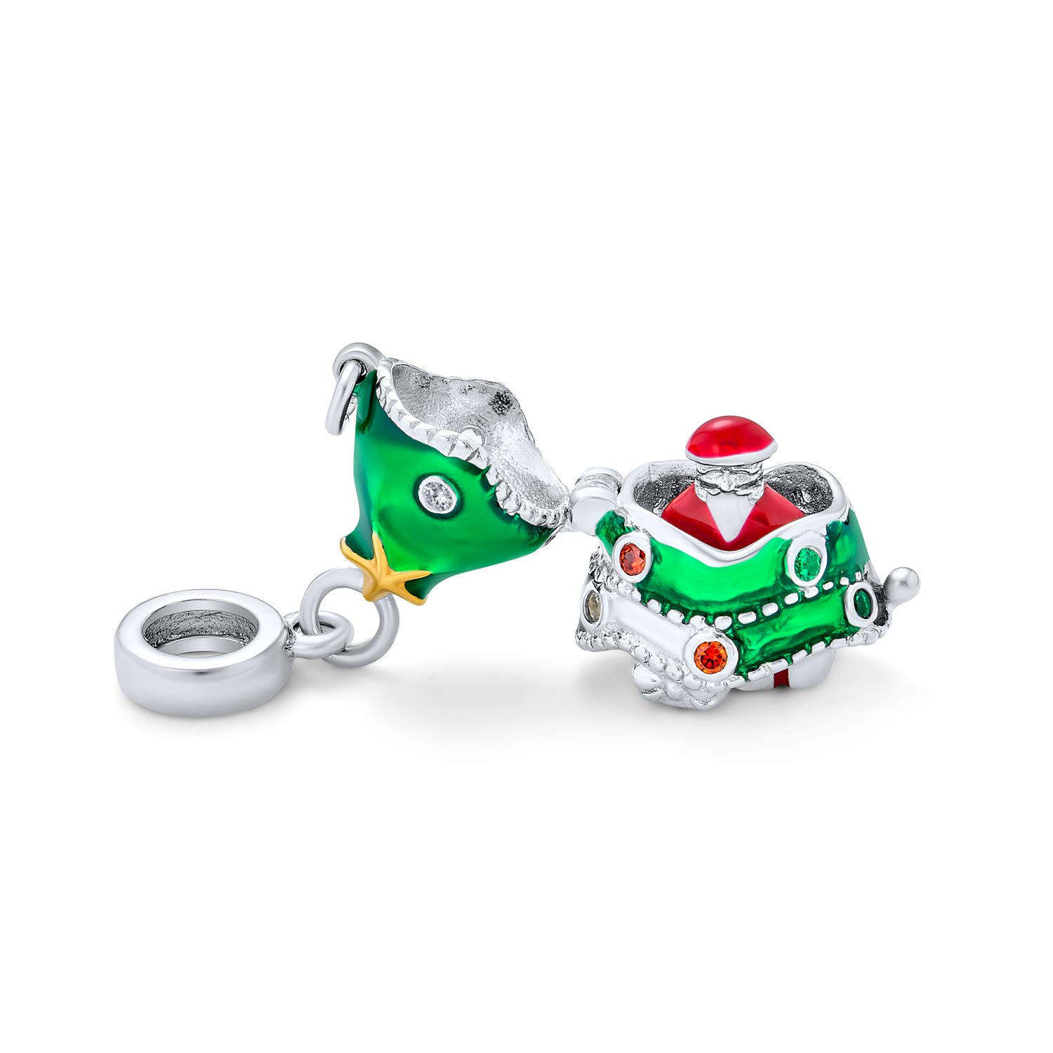 Bling Jewelry Green Decorated Holiday Christmas Tree Hidden Santa Claus Locket Dangle Charm Bead For Women Teen Crystal Enamel .925 Sterling Silver Fits European Bracelet