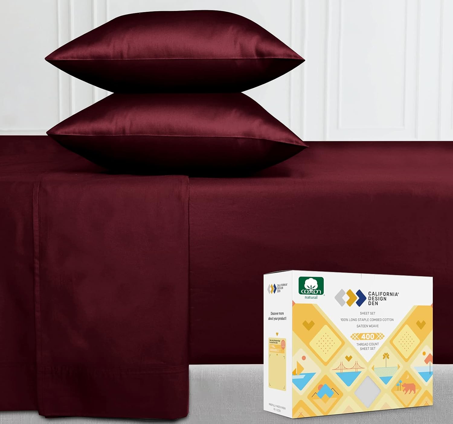 Pure Cotton Twin Sheet Set - Burgundy Red Wine 400 Thread Count Sheets, Breathable Sateen Weave 3 Piece Bedding Set, Elasticized Deep Pocket Fits Low Profile Foam and Tall Mattresses
