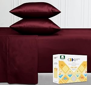 Pure Cotton Twin Sheet Set - Burgundy Red Wine 400 Thread Count Sheets, Breathable Sateen Weave 3 Piece Bedding Set, Elasticized Deep Pocket Fits Low Profile Foam and Tall Mattresses