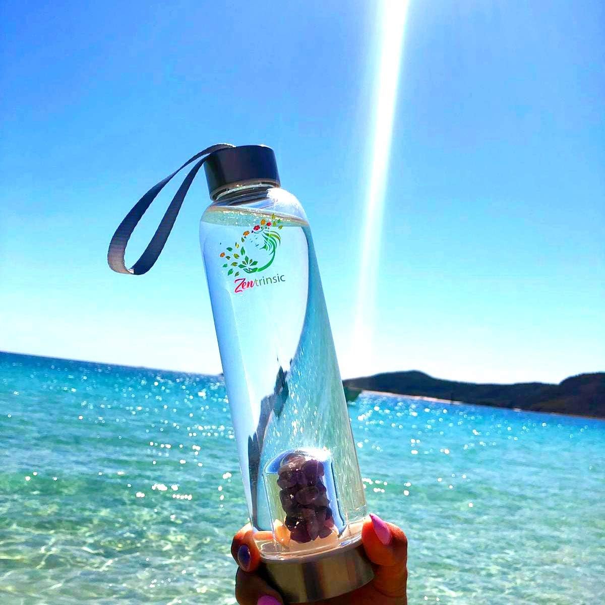 Zentrinsic Crystal Infused Water Bottle includes 3 sets of Healing Crystals-Rose Quartz, Clear Quartz, Amethyst & a Neoprene Sleeve to allow you to create Elixirs of Love & Tranquillity, Clarity & Power, Peace & Energy OR use your own Gems and Stones: Kitchen & Dining