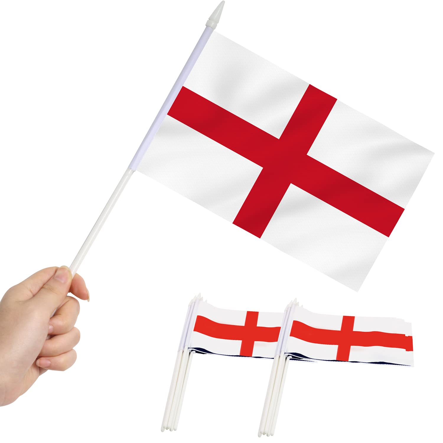 Anley England Mini Flag 12 Pack - Hand Held Small Miniature English Flags on Stick - Fade Resistant & Vivid Colors - 5x8 Inch with Solid Pole & Spear Top