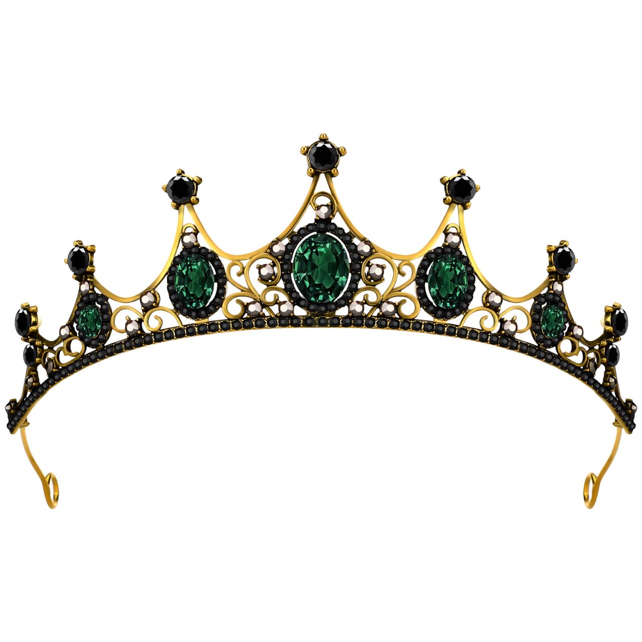 Lurrose Green Crystal Crown Golden Tiara with Black Rhinestone Decor Baroque Bridal Jewelry