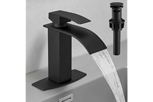 Hoimpro Black Waterfall Bathroom Faucet with cUPC Supply Lines, Single Handle Bathroom Sink Faucet with Pop-up Drain, Rv Vani