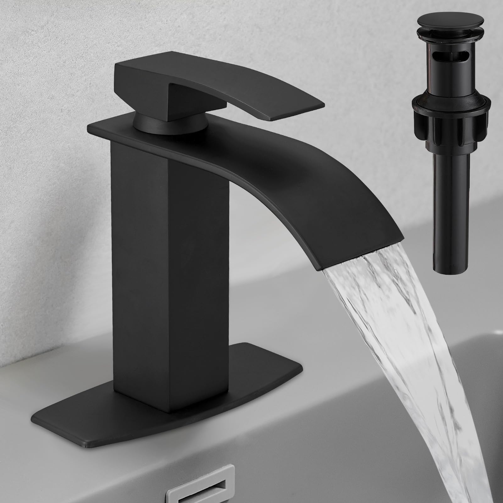 Hoimpro Black Waterfall Bathroom Faucet with cUPC Supply Lines, Single Handle Bathroom Sink Faucet with Pop-up Drain, Rv Vanity Vessel Faucet with Deck Plate, Matte Black, 1 or 3 Hole Image