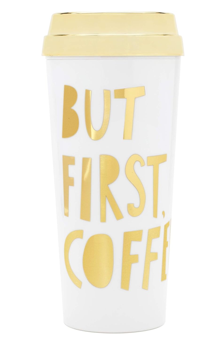 Ban.do Deluxe Hot Stuff Insulated Thermal Travel Mug, 16 Ounces, But First Coffee (gold)