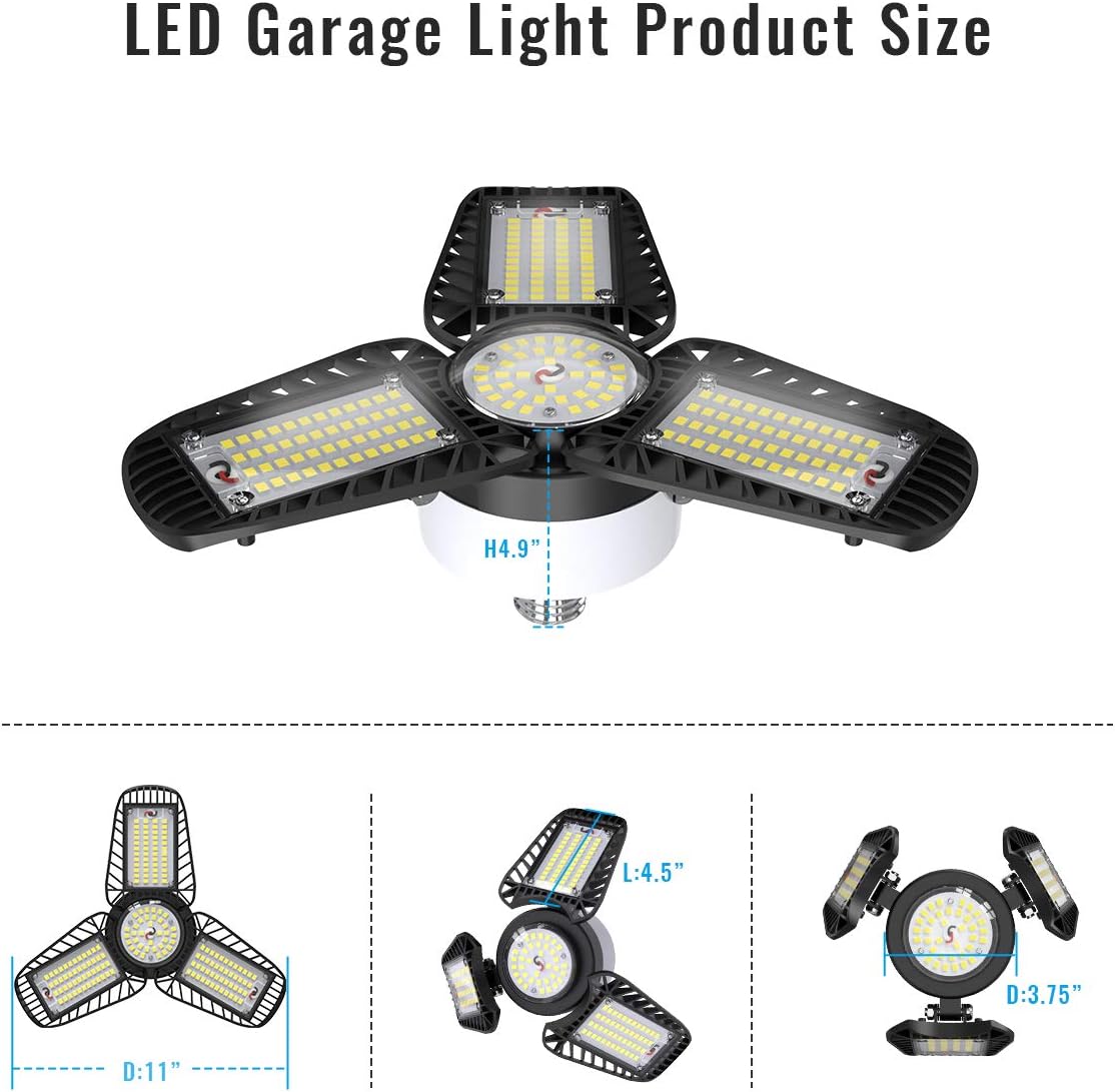 LED Garage Lights, 2-Pack 80W Garage Lights 9600LM 6000K E26 LED Garage Light Bulb, Deformable LED Garage Ceiling Lights with 3 Adjustable LED Panels Fits for Garage, Warehouse, Workshop and Basement. - - 