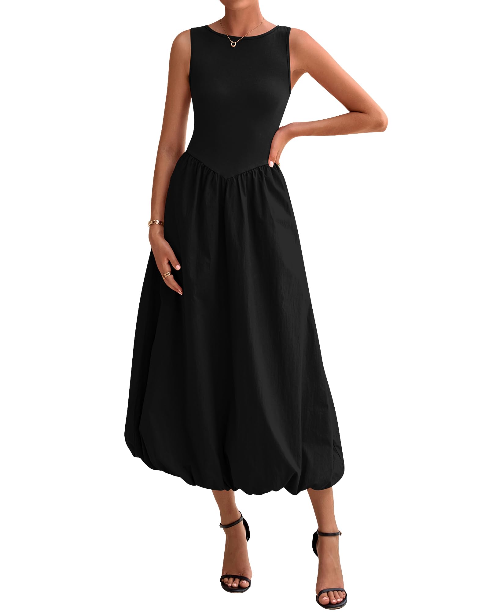 Photo 1 of **SIMILAR**BTFBM Women's 2025 Summer Casual Sleeveless Midi Dress Patchwork Knit Tank Bubble Long Flowy Beach Maxi Sundress Pockets(Black, Small). 