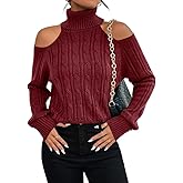 Langwyqu Womens Cold Shoulder Turtleneck Sweaters 2025 Fall Long Sleeve Soft Cable Knit Pullovers Sexy Jumper Tops