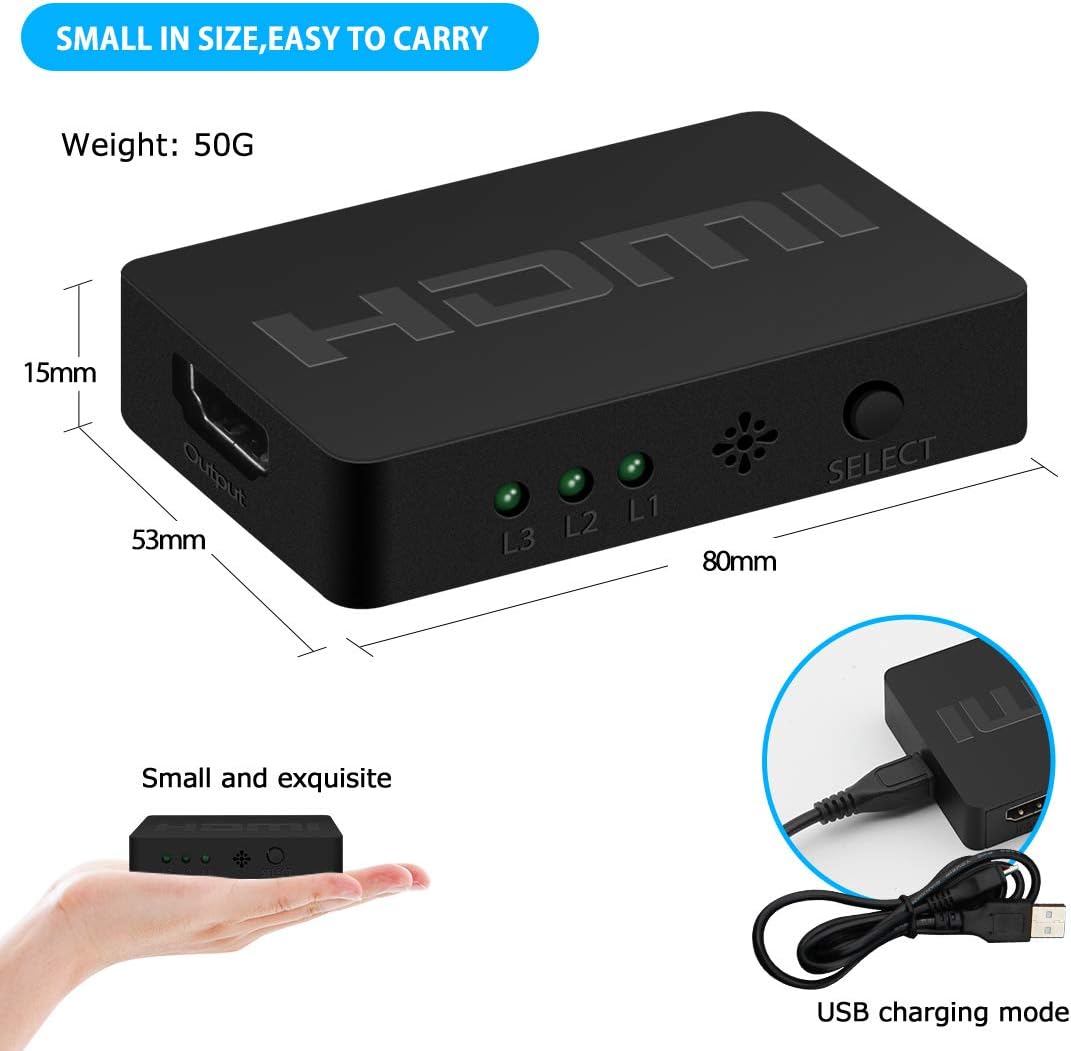 3 Port HDMI Switch 4K 3 in 1 Out HDMI Switcher Selector Box Support UltraHD Dolby Vision, High Speed(Max to 18.5Gbps), HDR10, HDCP 2.2 & 3D for Xbox PS3 PS4 TV Fire Stick (DK301D): Electronics