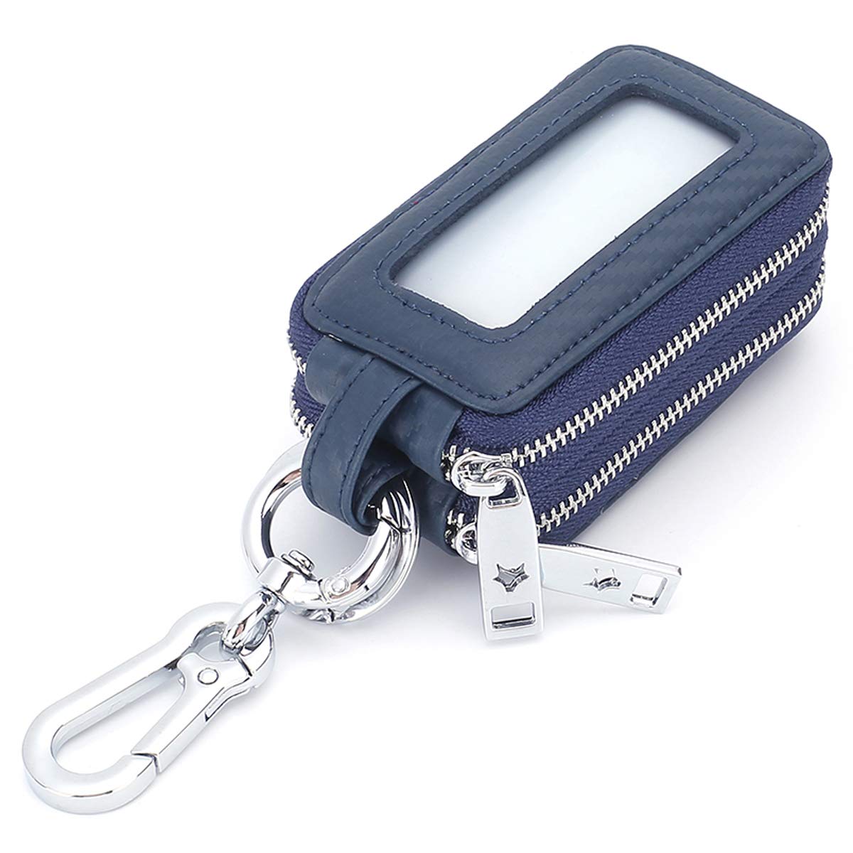 Car Key Case Wallet Aileder Genuine Leather Car Keyring Purse Keychain Holder Metal Hook and Window Double Zipper Bag for Remote Key Fob (Navy Blue)