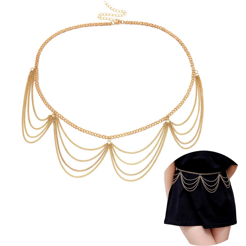 Jurxy Multilayer Alloy Waist Chain Body Chain for Women Golden Waist Belt Pendant Belly Chain Adjustable Body Harness for Jeans Dresses – Gold Style 3