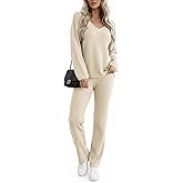 Simlakey Women 2 Piece Knit Set Long Sleeve Sweater Loungewear Casual V Neck Outfits Fashion Vacation Travel Matching Set