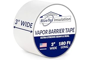 BlueTex Insulationㅤ 3" Wide x 180' Long White Vapor Barrier Seam Tape - 1 Roll, Waterproofing & Great for Crawlspaces, Insulation Repairs, Underlayment Seams, Metal Building Insulation Seams