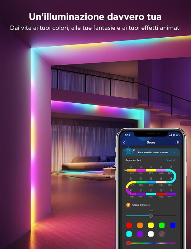 RGBIC Striscia LED 5M, Controllabile tramite App, Musica