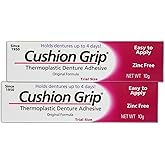 Cushion Grip Thermoplastic Denture Adhesive, 0.35 oz Travel Size (Pack of 2) &ndash; Refits and Tightens Loose Dentures for Up to 4 Days | Glue-Free, Zinc-Free, Waterproof, Acts Like a Soft Denture Reliner