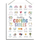 Mental Health Wooden Sign, Healthy Coping Skills Hanging Sign, Inspirational Hanging Decor for Classroom, Therapy Counseling Office Decor, Playroom Wall Decoration 8 X 10 Inches