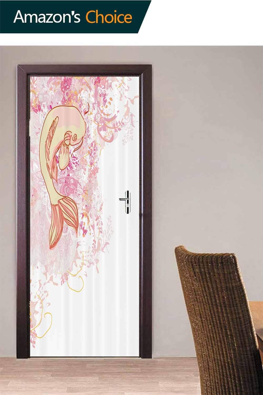 3D Door Decals Wall Mural Door Stickers, Asian Animal Pink Floral Door Stickers Decor Vinyl Wall Art Self Adhesive for Living Room Bedroom, 30.3W x 78.7H Inches