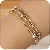 Agriajun Gold Beaded Stretch Stack Bracelets Set for Women, 3pcs Trendy Stackable Plated Bead Ball Elastic Friendship Enewton Bracelet Holiday Fashion Jewelry Gift