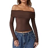 QINSEN Womens Off The Shoulder Tops Double Lined Long Sleeve T Shirts Slim Fitted Stretchy Crop Top