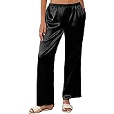 Ekouaer Womens Silk Satin Wide Leg Pajama Sleep Pants Casual Loose Soft Lounge Pants Elastic Waist Pj Bottoms with Pockets